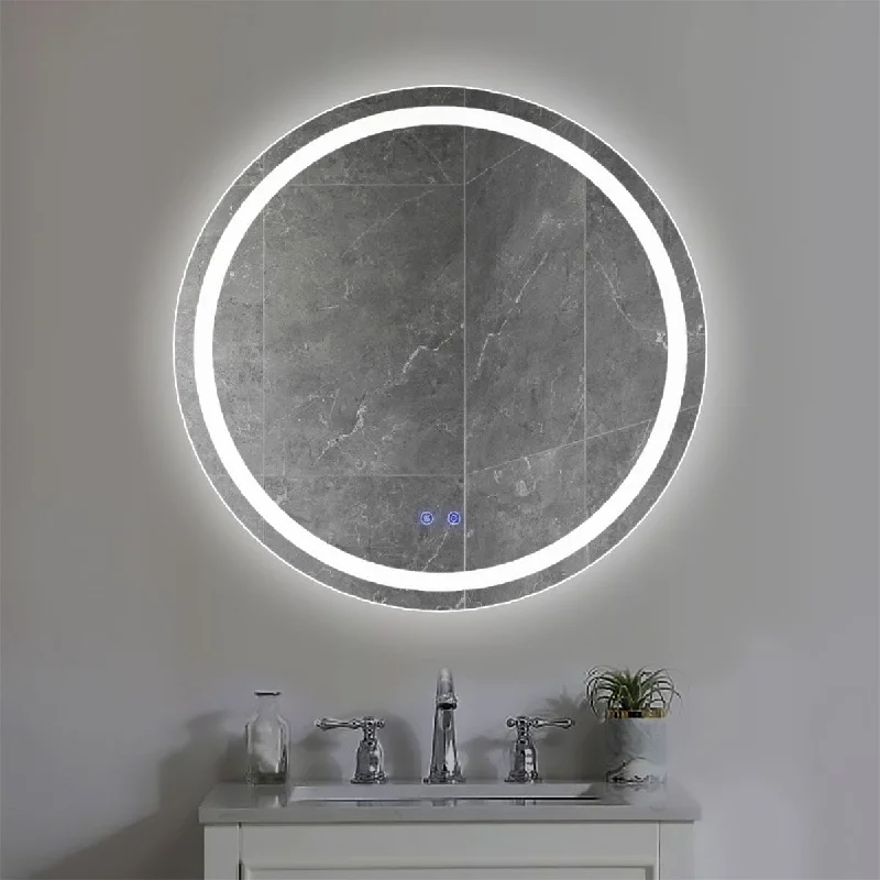 32" Round LED Illuminated Bathroom Mirror, Touch Button, Frosted Edges