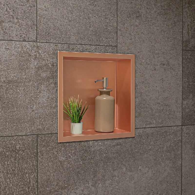 ALFI brand 12" x 12" Brushed Copper PVD Stainless Steel Square Single Shelf Shower Niche - Mahogany