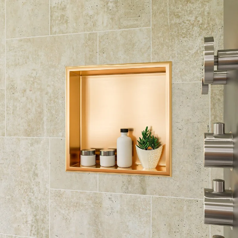 ALFI brand 16" x 16" Brushed Gold PVD Steel Square Single Shelf Shower Niche