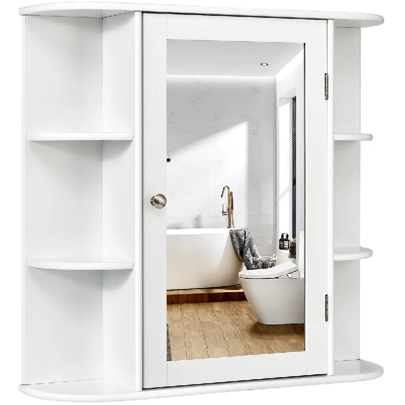 Bathroom Medicine Cabinets, Wall Mount Mirrored Storage Cabinets w/Single Door & Adjustable Shelf, Multipurpose Wooden Organizer