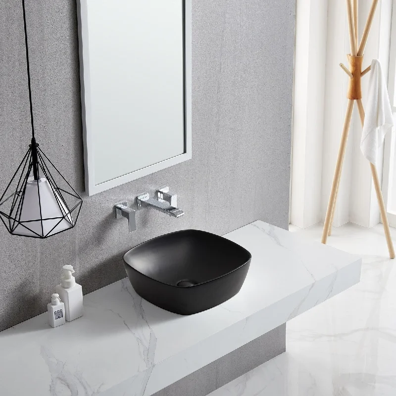 Black Square Bathroom Vessel Sink with Ceramic Drain Stopper - 15.75 in. width