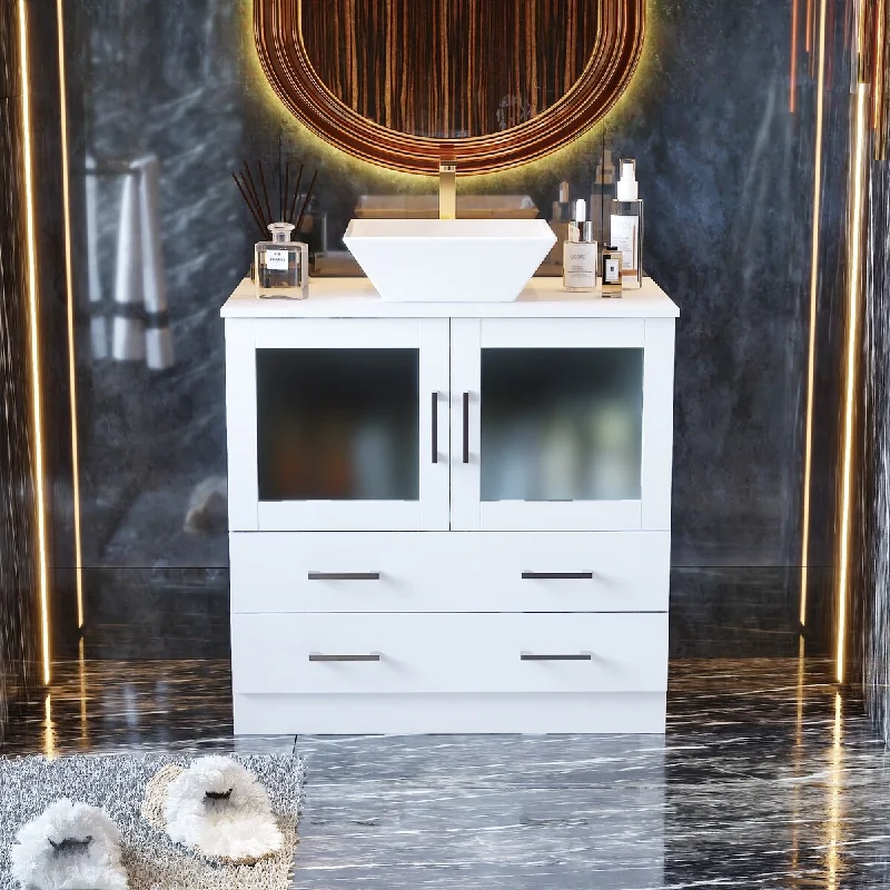 Elegant Single Sink Vanity with Frosted Glass and Soft-Close Mechanism