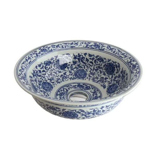 Fontaine Antiqued Blue and White Porcelain Bathroom Vessel Sink