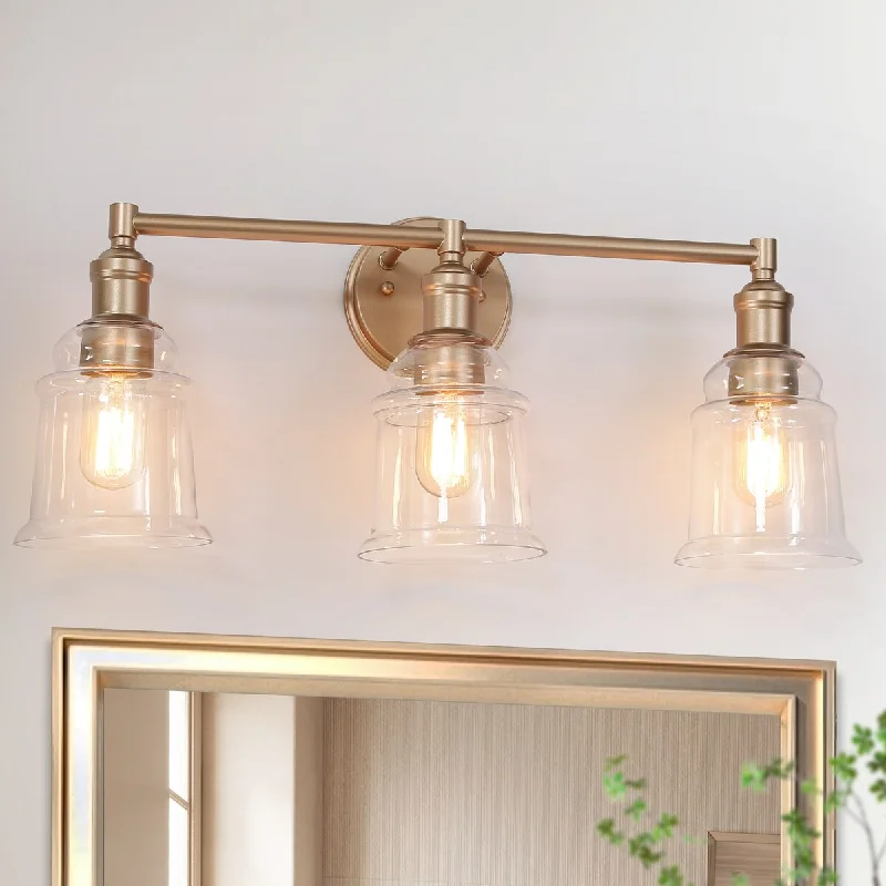 Holla Modern Farmhouse Matte Gold 3-Light Dome Glass Bathroom Vanity Lights Dimmable - L23"x W 6.5"x H 10.5"