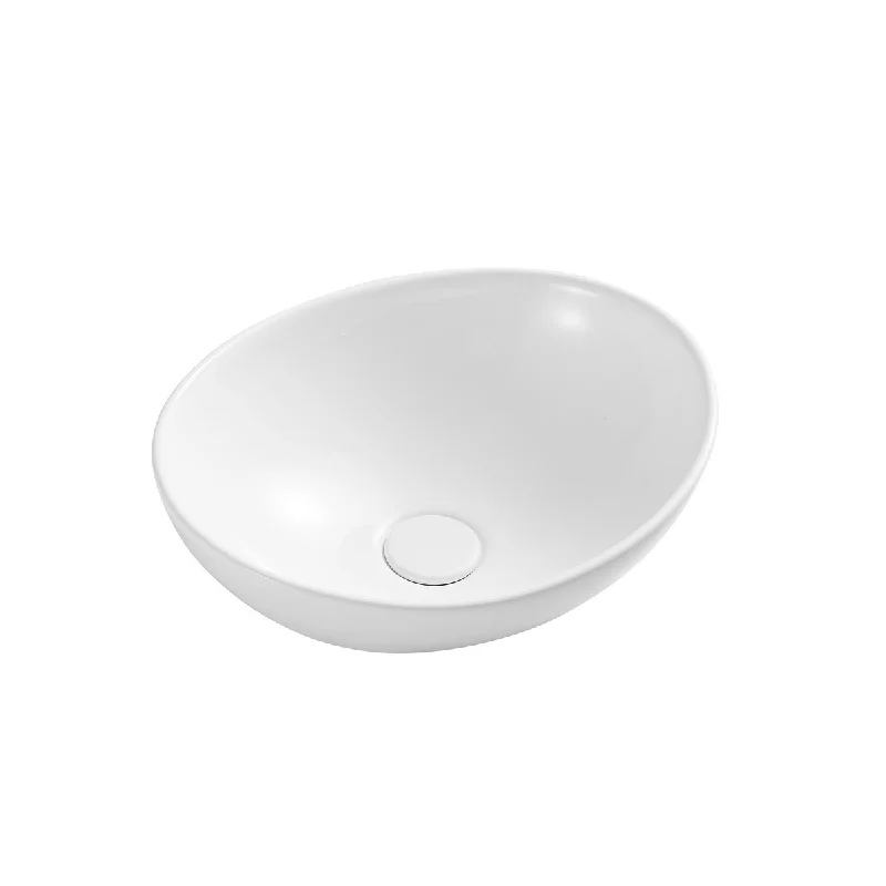 White Oval Bathroom Vessel Sink with Ceramic Drain Stopper - 16.34 in. width