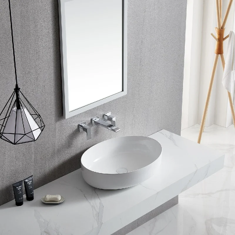 White Oval Bathroom Vessel Sink with Ceramic Drain Stopper - 21.65 in. width