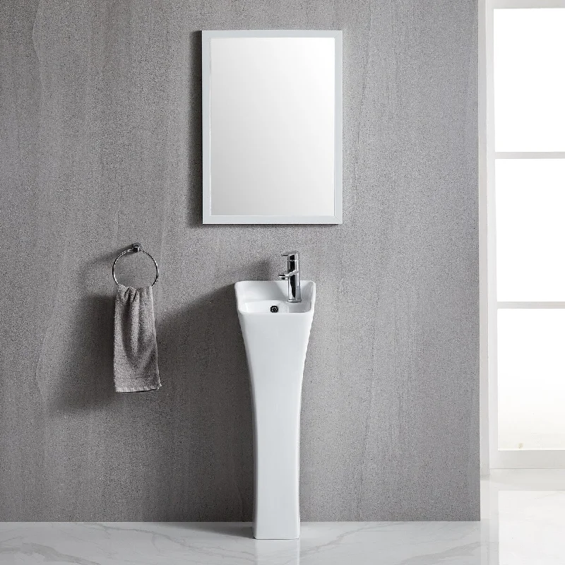 White Rectangle Bathroom Pedestal Sink with Stainless steel Drain - 12.6 in. width