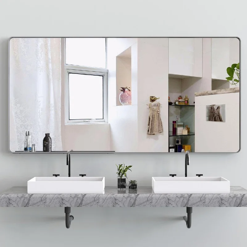 72 inches Rectangular Framed Wall Mounted Bathroom Mirror in Silver - 72" x 36"