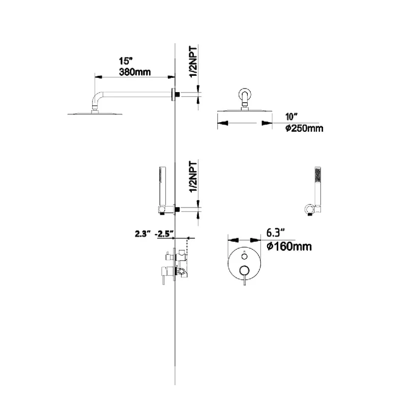 Modern polished chrome wall-mounted rain shower system